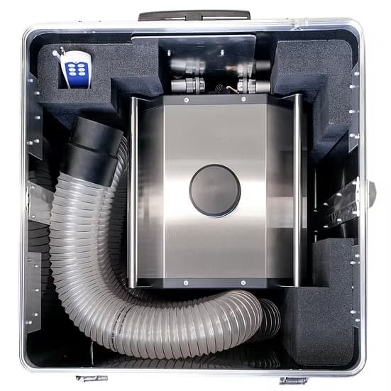 System packed into its flight case for transport